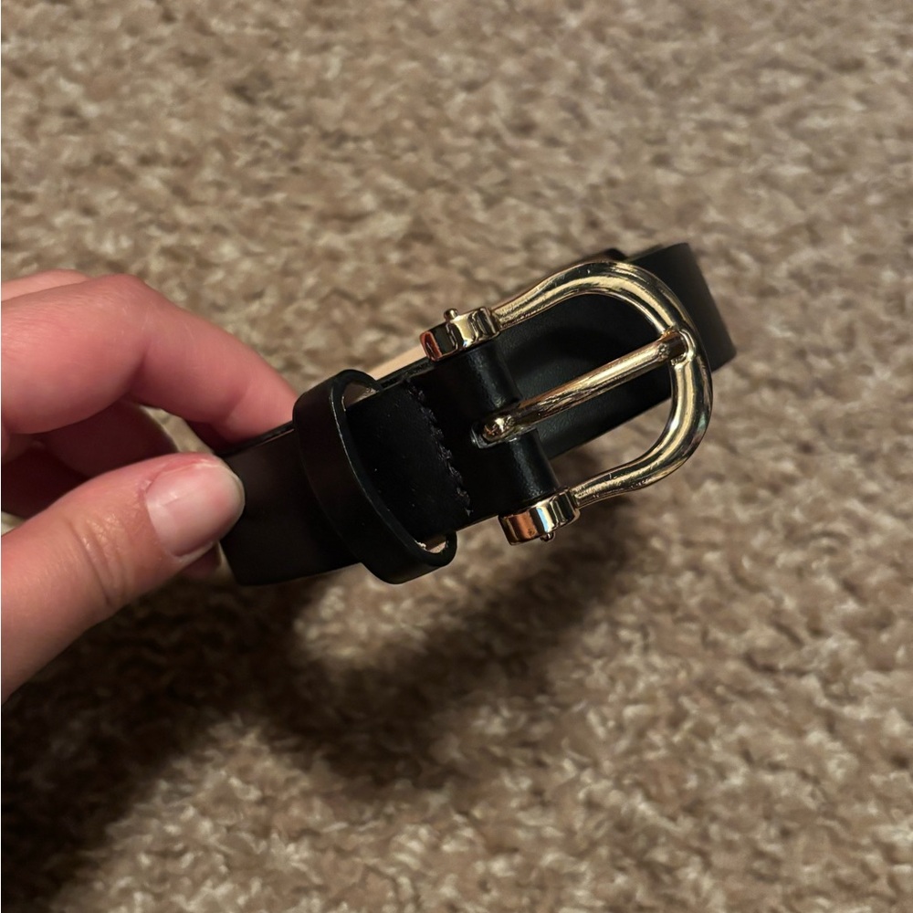 Elegant Black Leather Belt with Gold Buckle